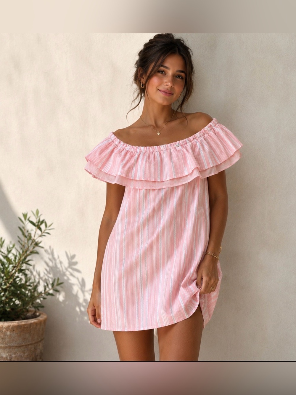 Umgee Women's Striped Pink Off the Shoulder Short Dress with Pockets Size L NWT